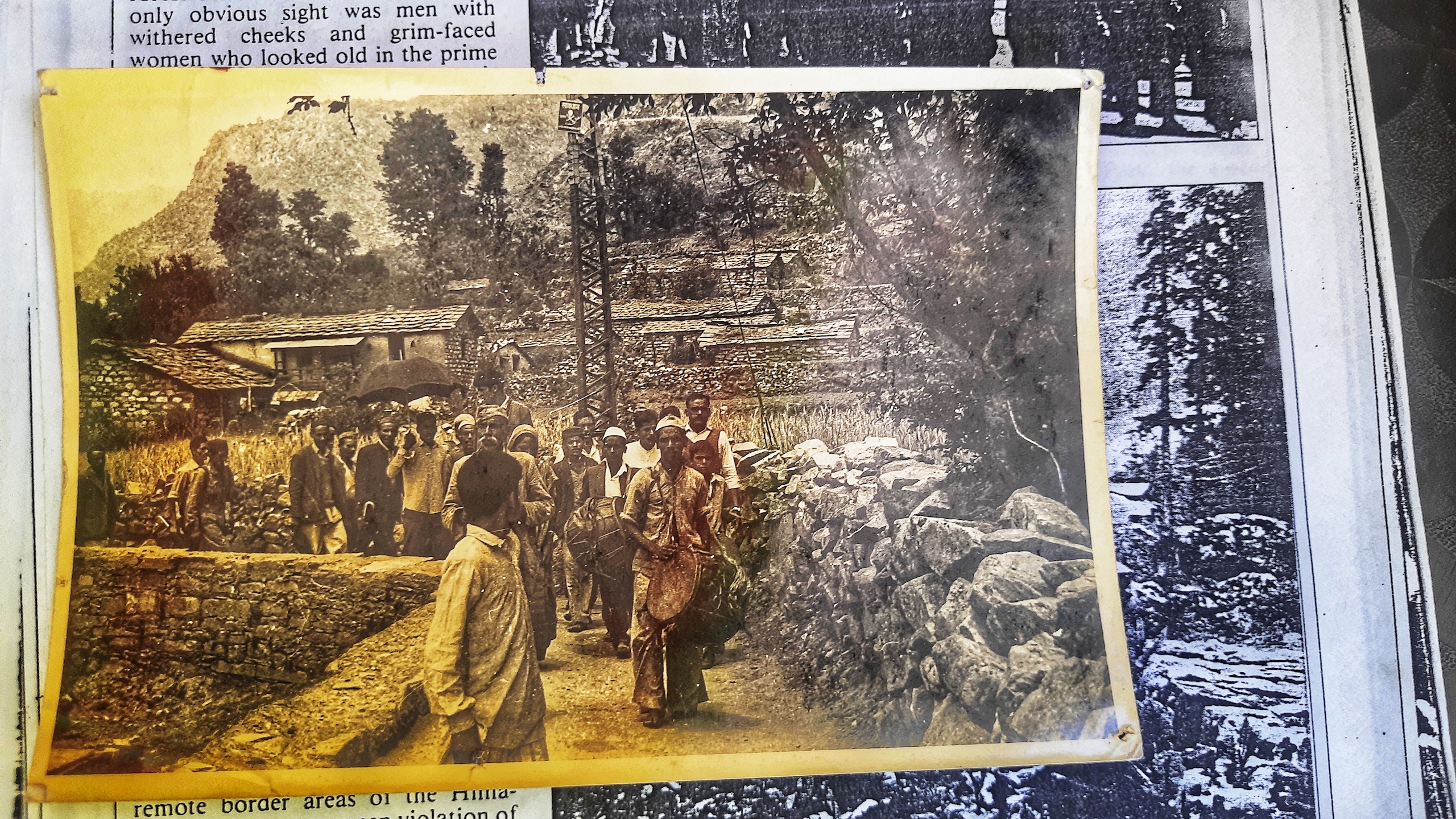 People beating drums and singing traditional songs in Gopeshwar, the district headquarters of Chamoli