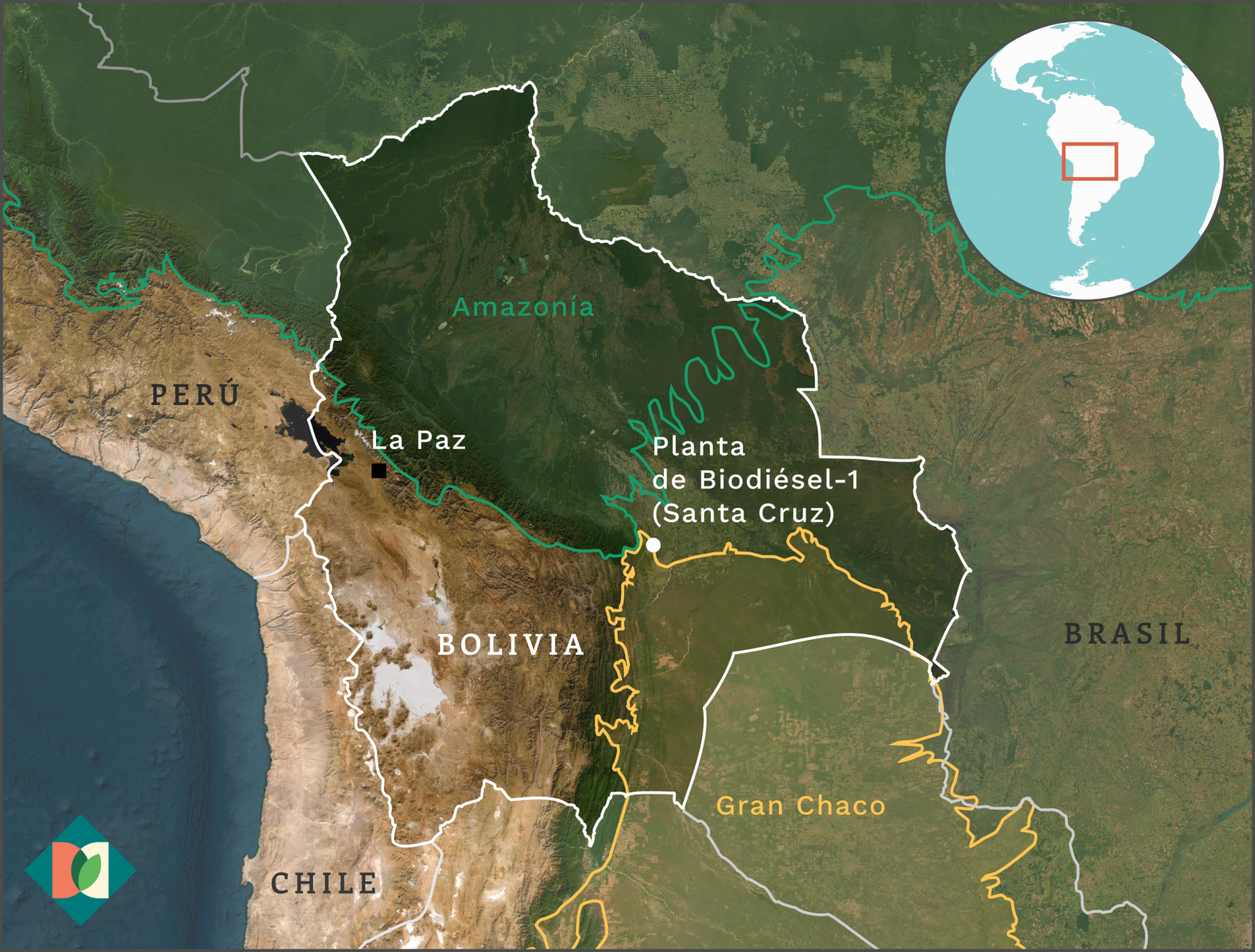 Mapa que muestra la ubicación de la futura planta de biodiésel en Bolivia, y la Amazonía y el Gran Chaco