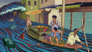 Illustration show people trying to escape from floodwater in a small boat, Dhaka Bangladesh