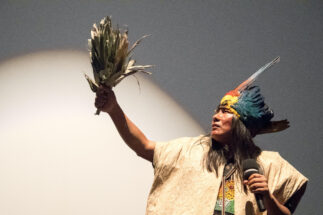 <p>Manari Ushigua, leader of the Sápara Nation, an Indigenous people native to the Ecuadorian Amazon, at a conference in Gdansk, Poland, in 2019 (Image: Wojciech Strozyk / Alamy)</p>