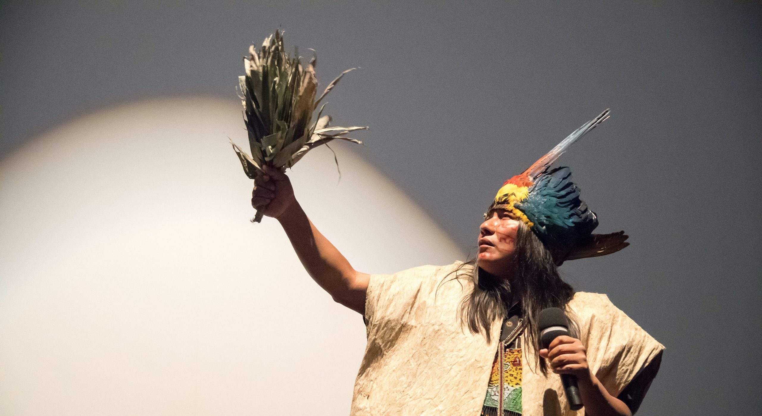 <p>Manari Ushigua, leader of the Sápara Nation, an Indigenous people native to the Ecuadorian Amazon, at a conference in Gdansk, Poland, in 2019 (Image: Wojciech Strozyk / Alamy)</p>