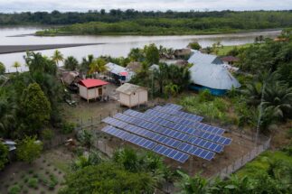 <p><span style="font-weight: 400;">Paneles solares instalados en las plantas de hielo de Datem del Marañón, en la Amazonía peruana. En total se instalaron 240 paneles, que en conjunto producen 30 kw de energía y funcionan 14 horas al día (Imagen cortesía de Profonanpe)</span></p>