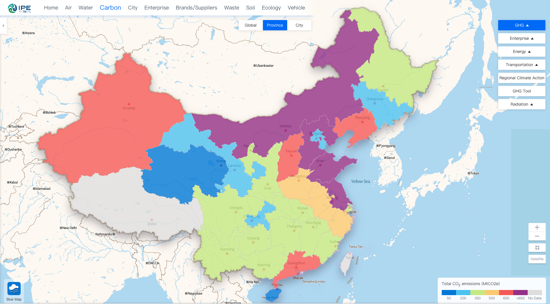 A map of China colour-coded by carbon emissions