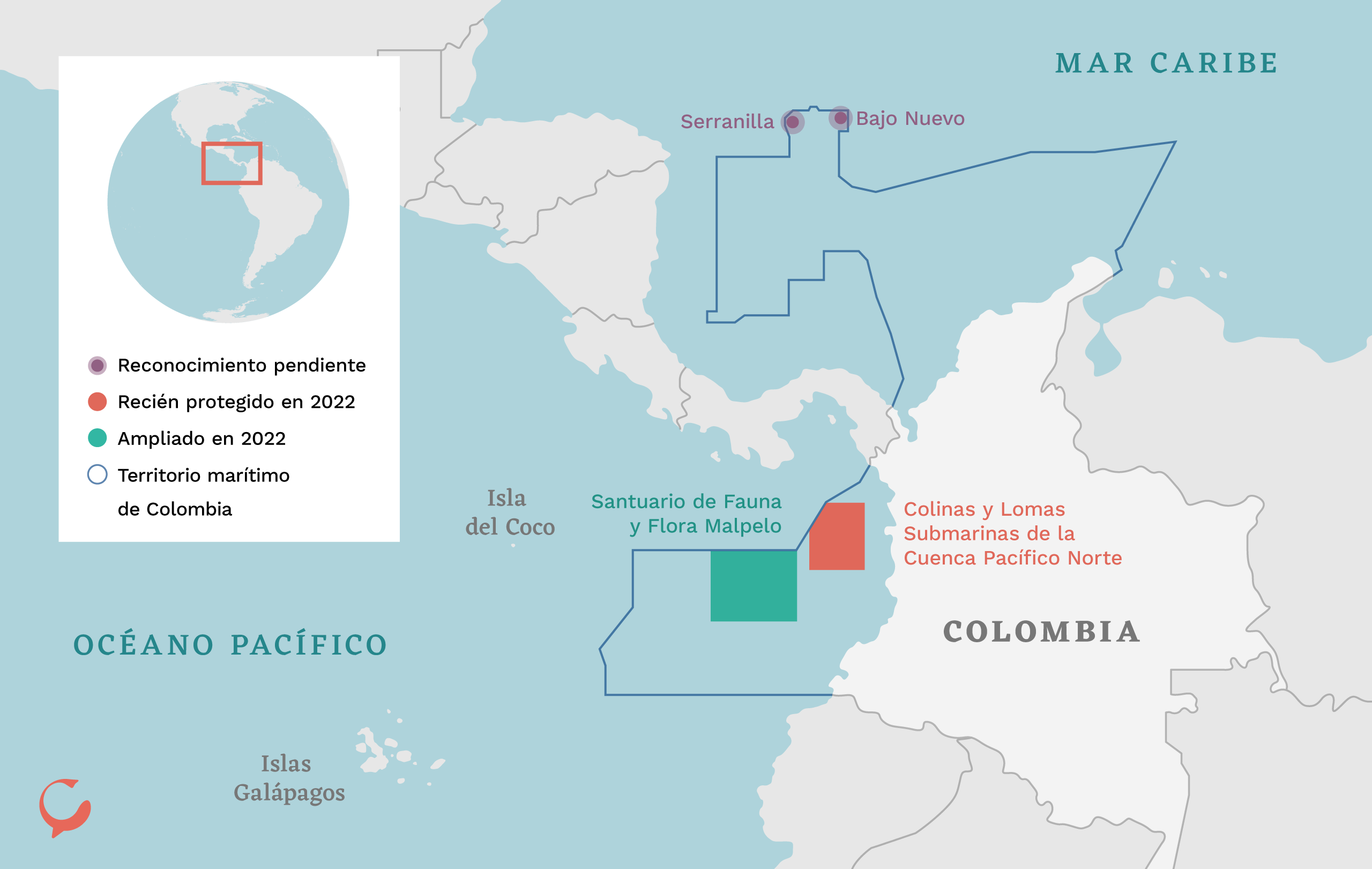 Mapa que muestra cuatro zonas marítimas protegidas en Colombia: Malpelo, Serranilla, Bajo Nuevo y las Colinas y Lomas submarinas de Bajo Norte 