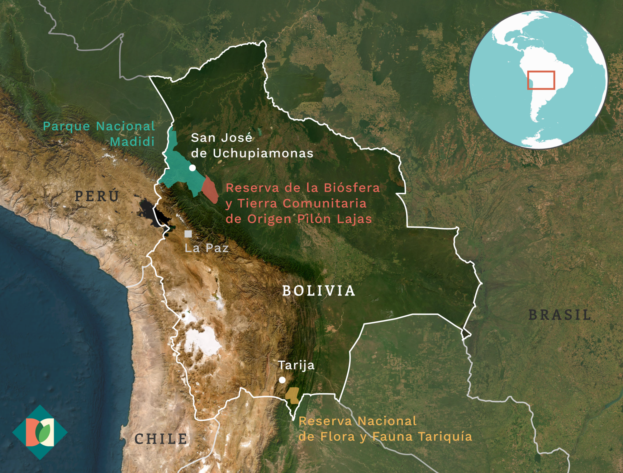 Mapa que muestra la ubicación del parque nacional Madidi, la reserva Tariquía y la reserva Lajas