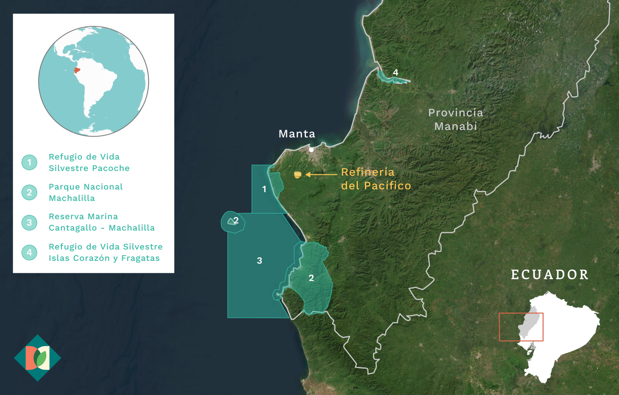 Mapa que muestra la ubicación de la Refinería del Pacífico y las áreas protegidas cercanas