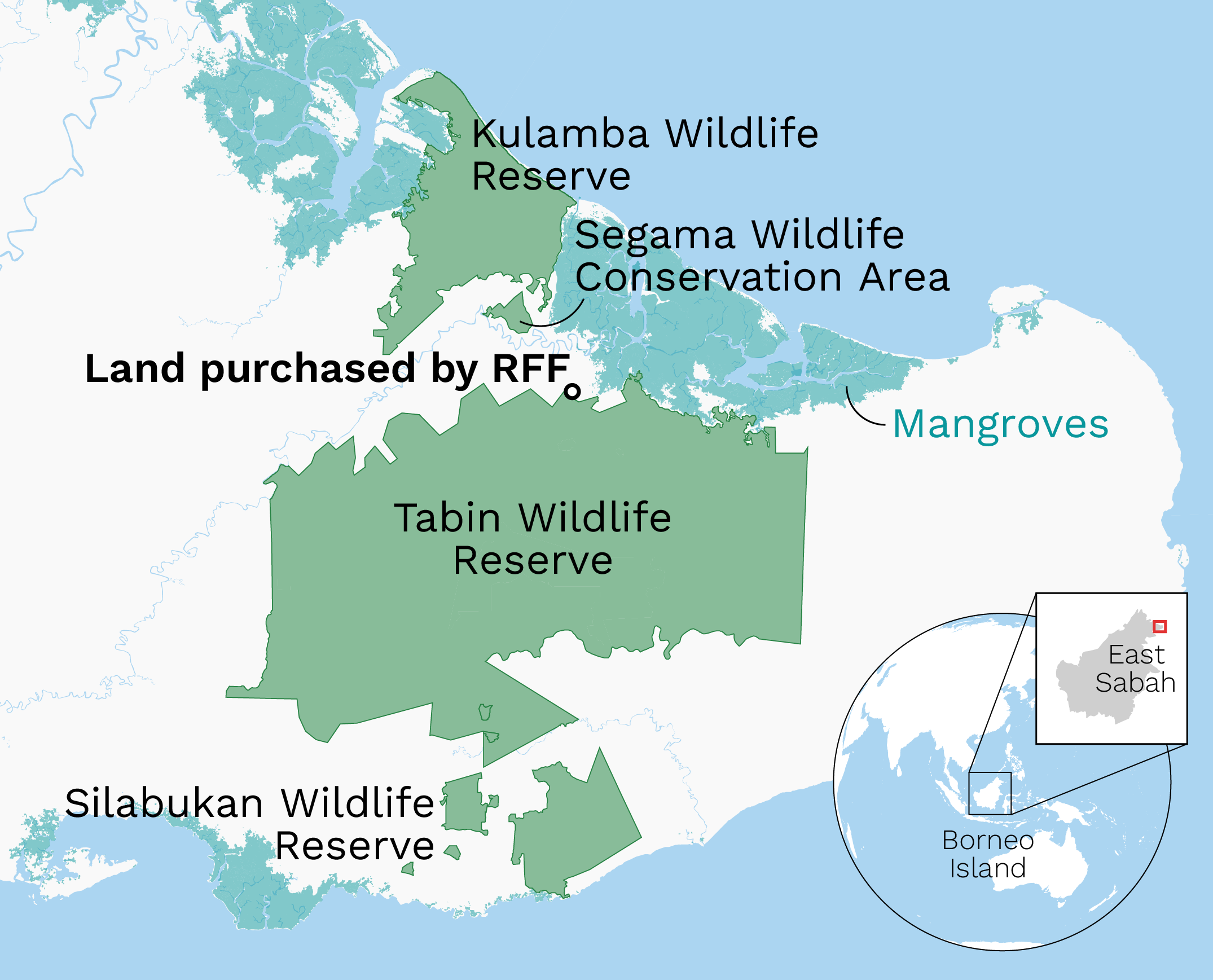 Map showing four wildlife reserves in east Sabah, Malaysia.