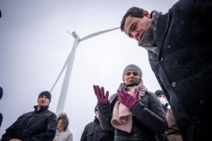 German Foreign Minister Annalena Baerbock at the inauguration of a wind farm talks to Prime Minister Albin Kurti of Kosovo in Mitrovica, wind turbine in the background