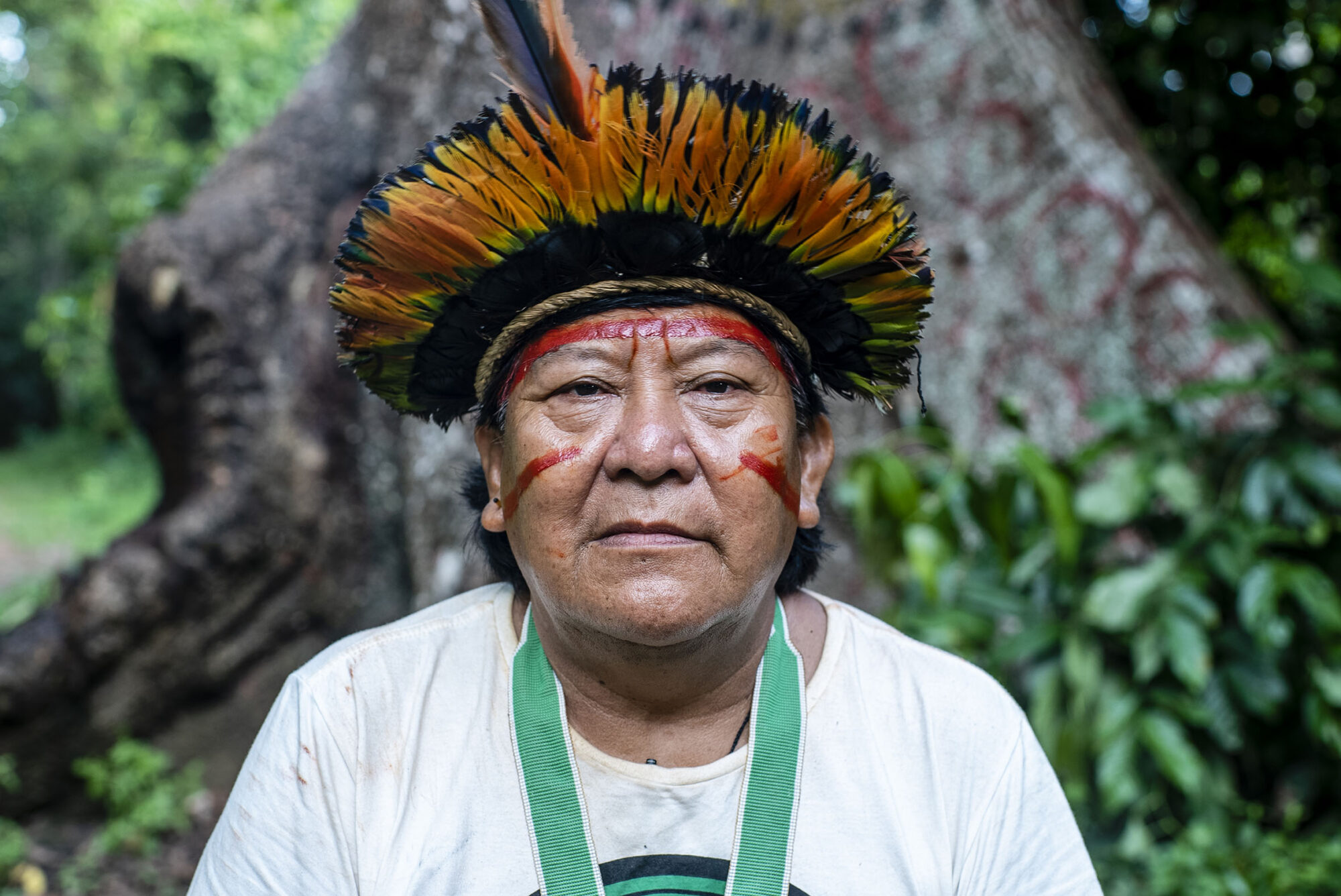 El chamán y líder indígena Davi Kopenawa posa con su tocado delante de un árbol. 