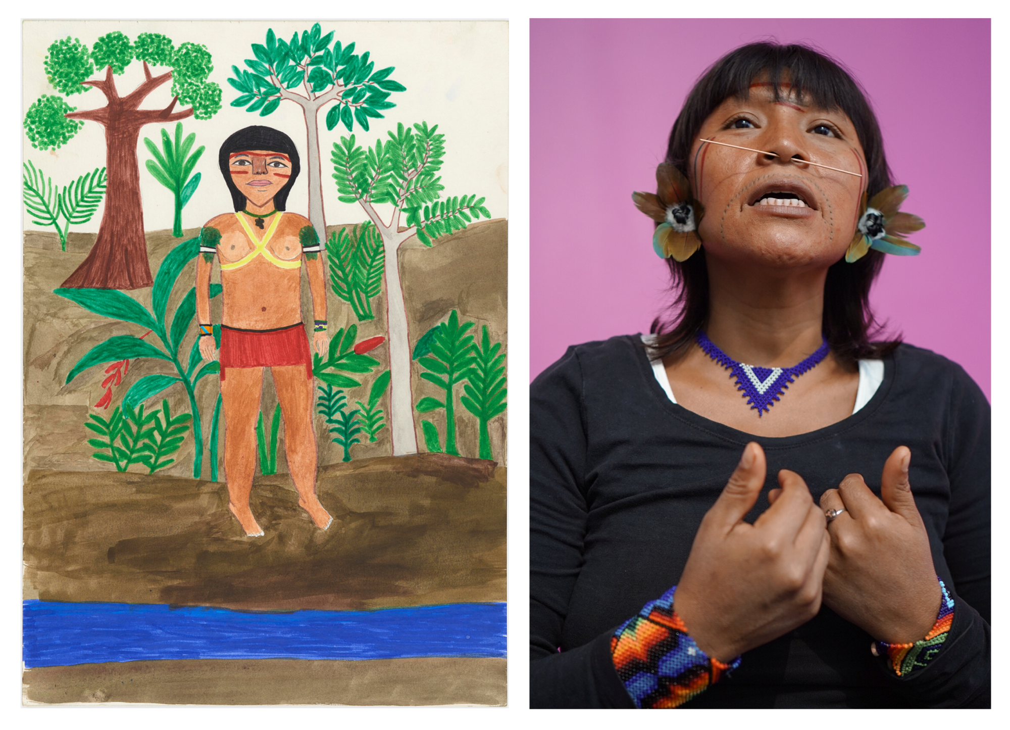 Dibujo de Ehuana Yaira que muestra a una mujer indígena a la orilla de un río en el bosque, y fotografía de Ehuana Yaira