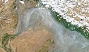 Natural-colour satellite photograph taken on November 1, 2022, showing a plume of smog curling from northeastern Pakistan to the Indian states of Punjab, Haryana, and Uttar Pradesh.
