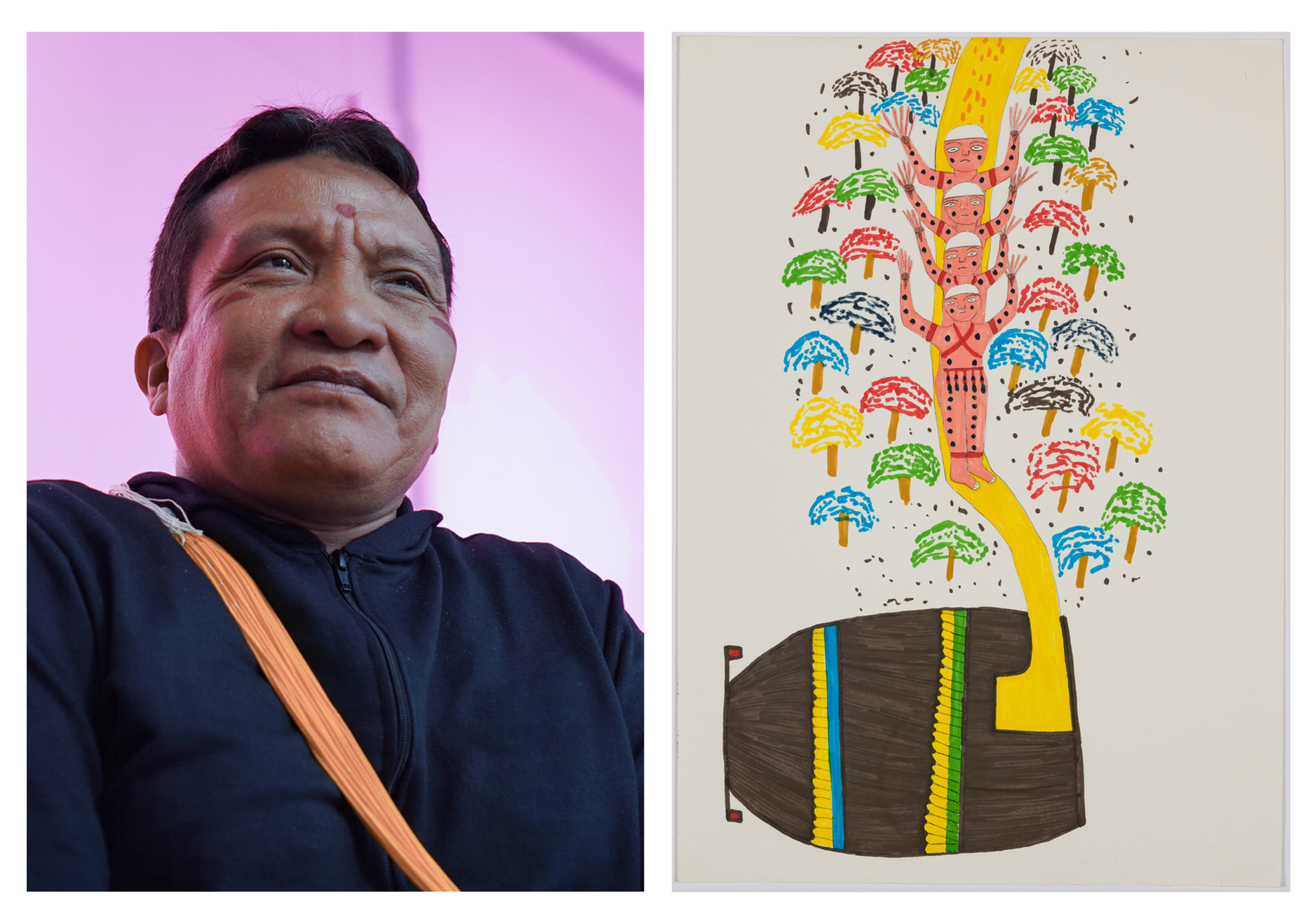 Retrato y dibujo de Joseca Mokahesi que muestra árboles de colores y pueblos indígenas en el bosque.