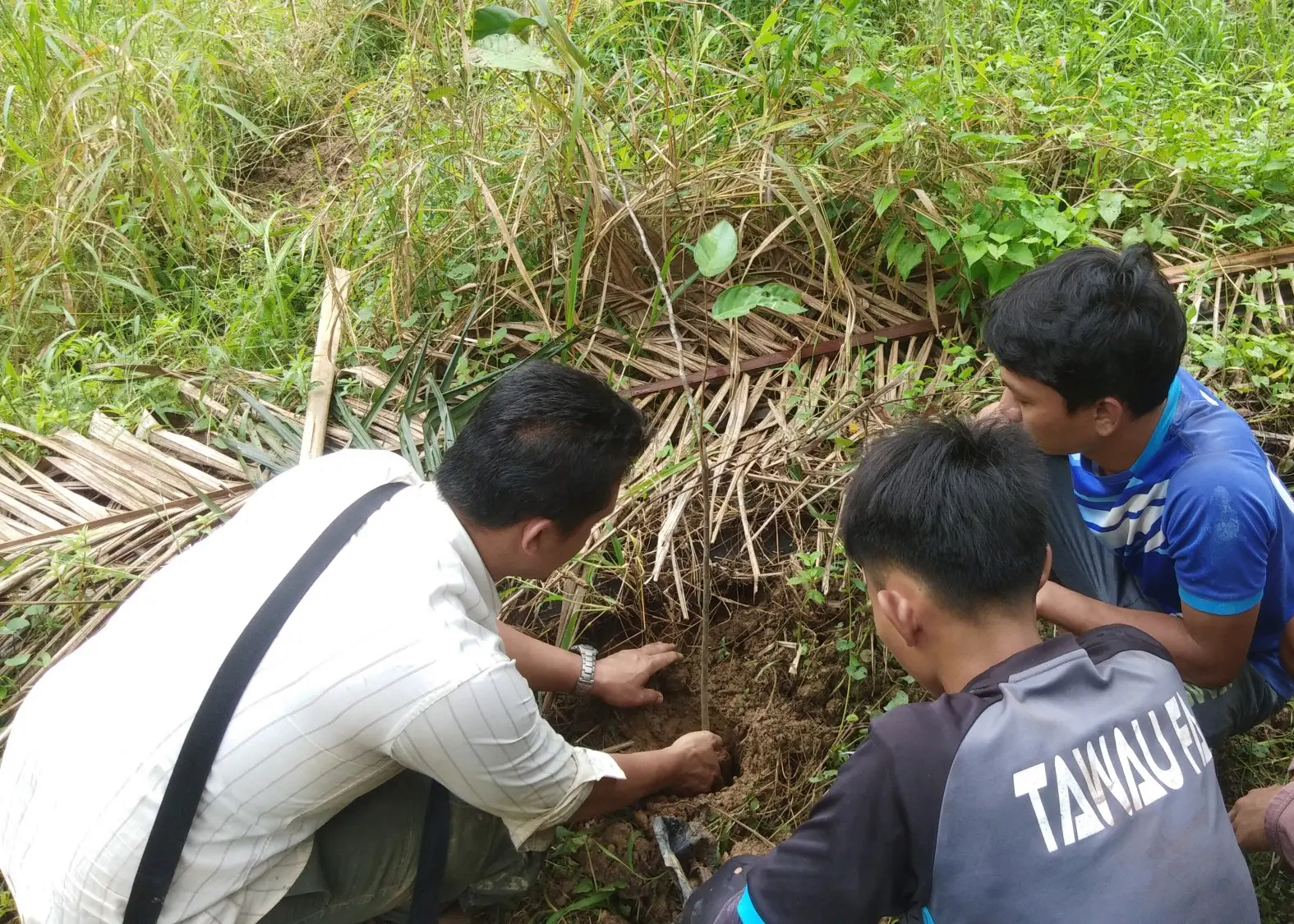 A conservation worker teaches children how to plant tree saplings in the ground