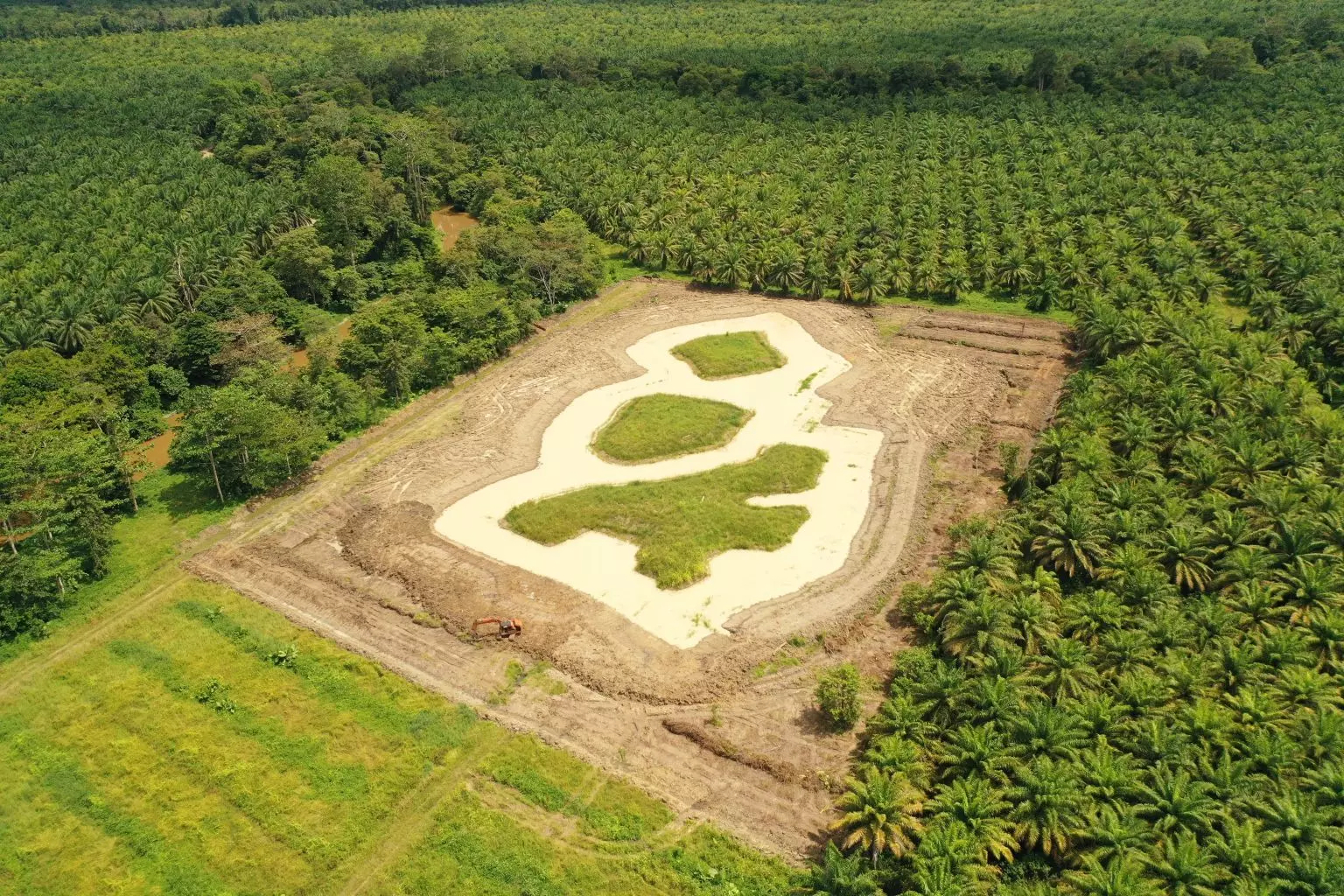 Aerial photograph of a man made lake surrounded by oil palm plantation