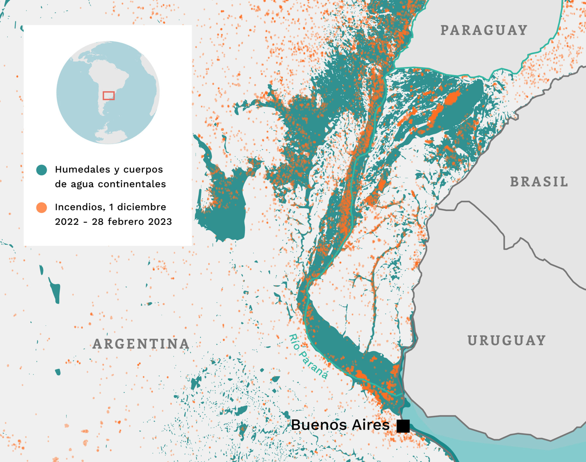 Mapa que muestra los incendios en los humedales de Argentina