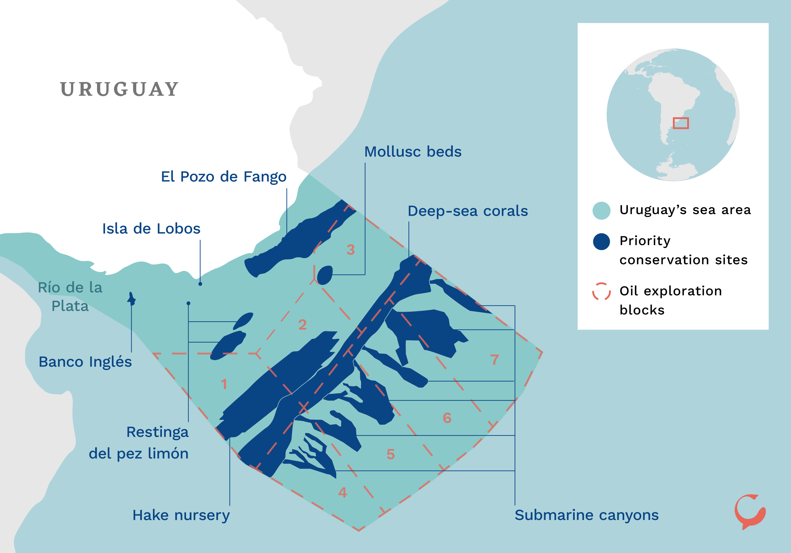 Map showing where Uruguay’s priority areas for marine conservation overlap with offshore oil concessions