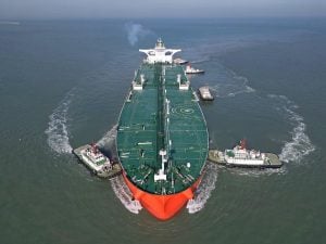 A very large oil tanker docked at a 300,000-ton crude oil terminal in Yantai Port, East China's Shandong Province