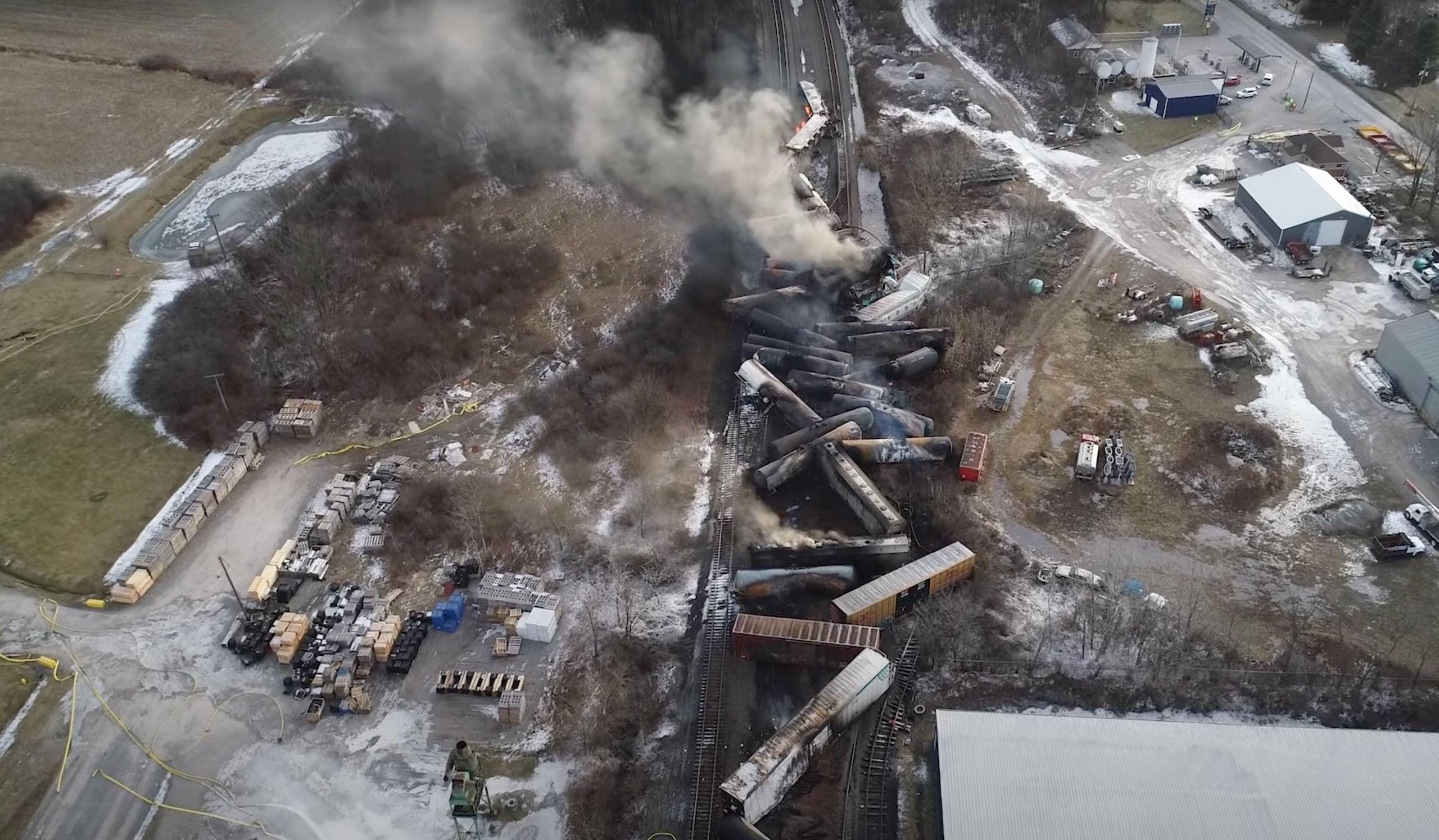 Aerial view of the site of the derailed freight train in East Palestine, Ohio.