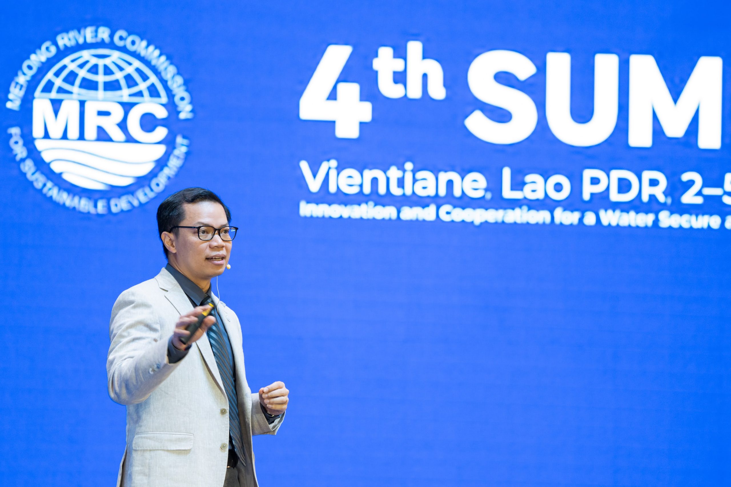 <p>Anoulak Kittikhoun, CEO of the Mekong River Commission Secretariat, speaking at the 4<sup>th</sup> MRC Summit in Vientiane, Laos, on 4 April 2023 (Image: Mekong River Commission Secretariat)</p>