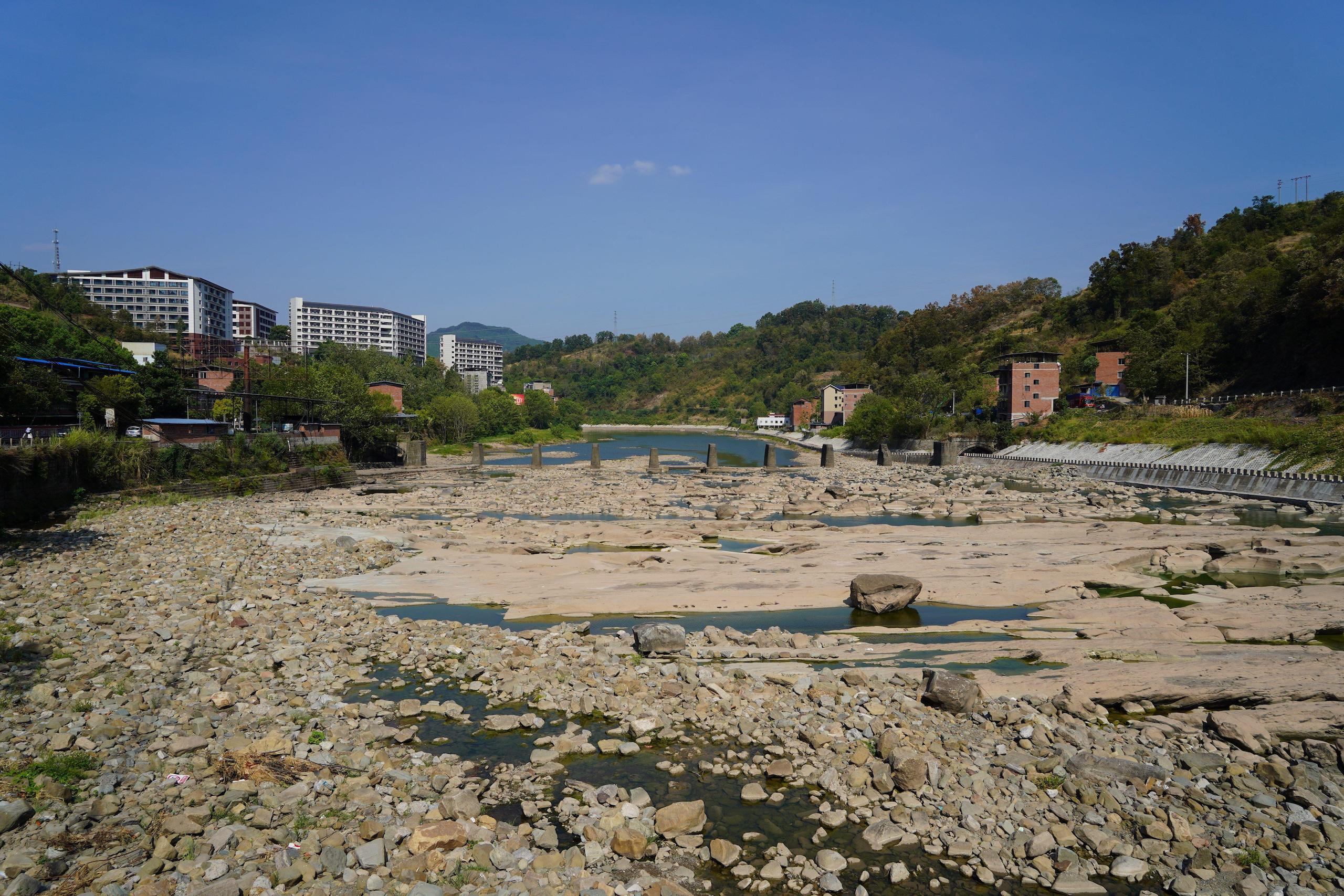 The Zhou river in Dazhou, Sichuan province dried up in summer 2022 due to heatwave and drought conditions, leading to electricity shortages and greater demand for coal power