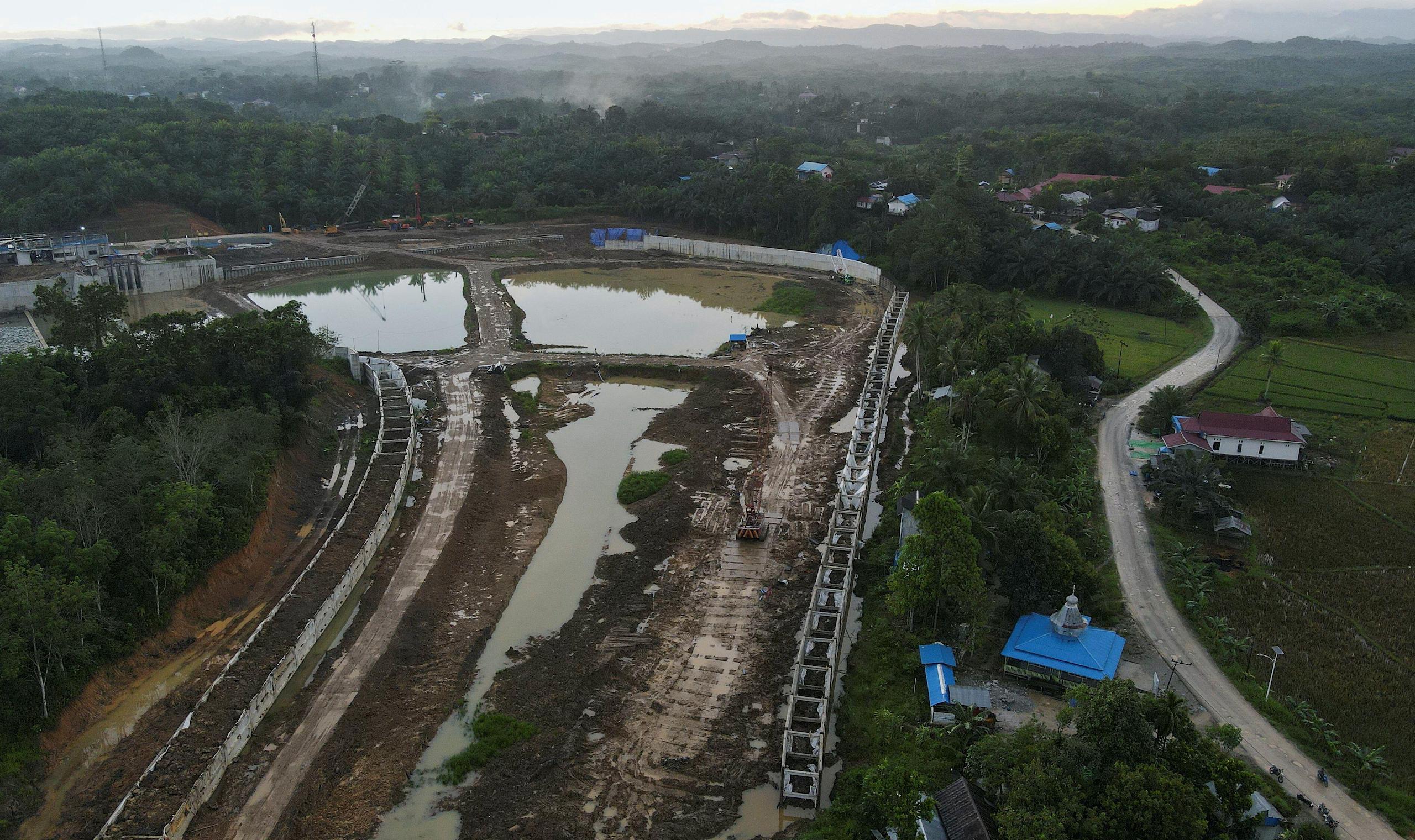 Aerial view of Sepaku Intake dam construction, which will supply clear water for Indonesia's projected new capital Nusantara