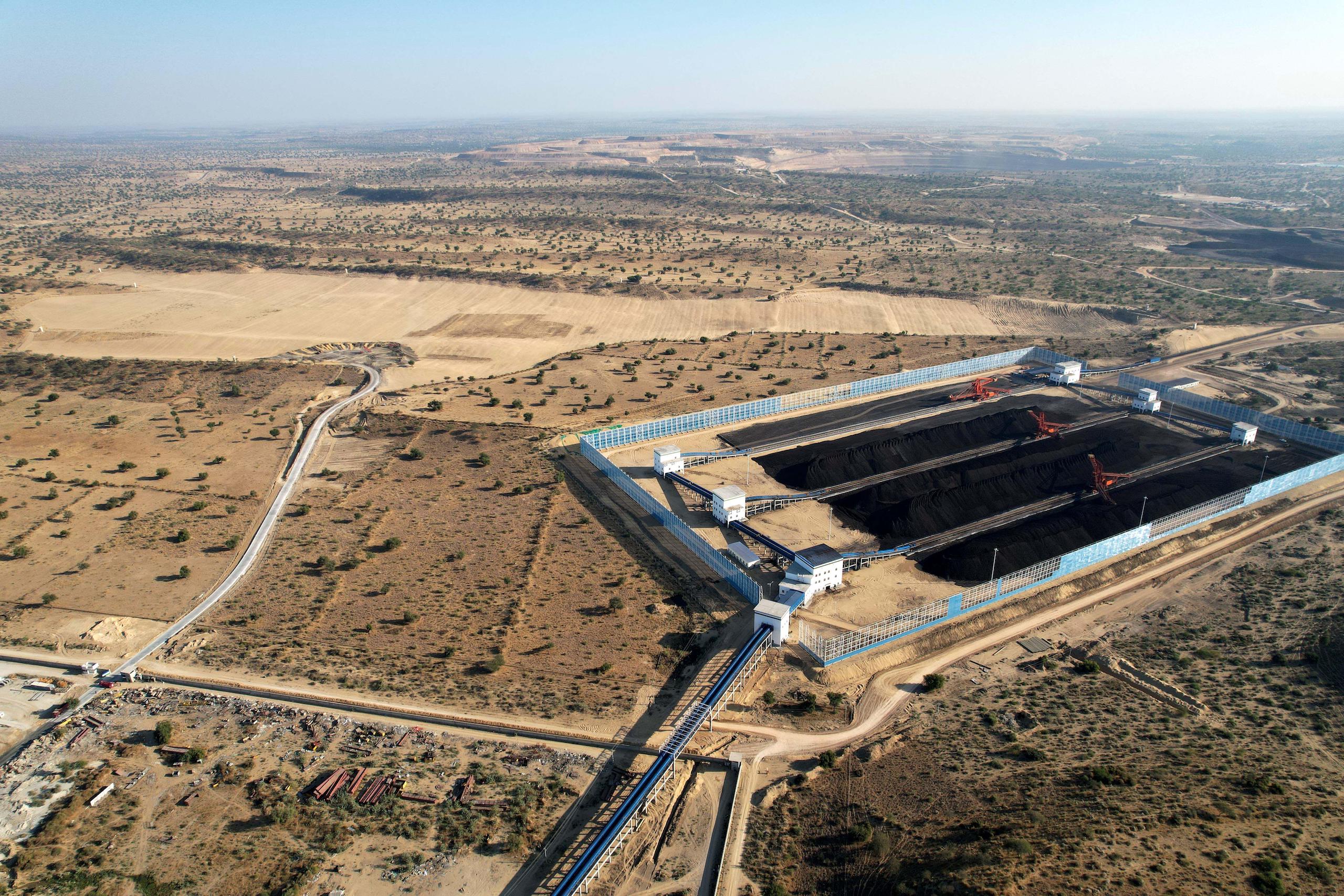 aerial view of Thar coal mine coal storage, part of the China Pakistan Economic Corridor (CPEC), in Sindh province Pakistan