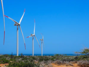 <p>Wind turbines at the Guajira I wind farm, on the Caribbean coast of La Guajira department, Colombia (Image: David González M / Diálogo Chino)</p>