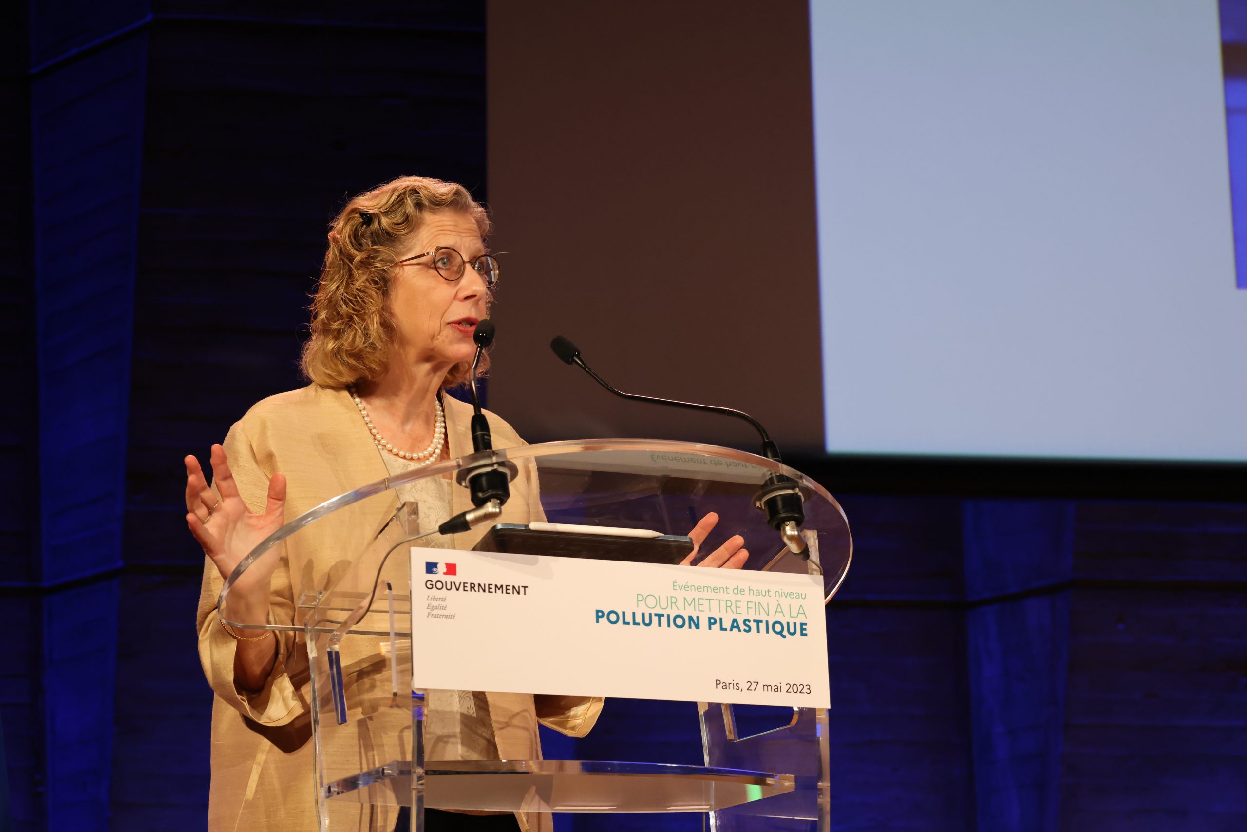 Inger Andersen at podium