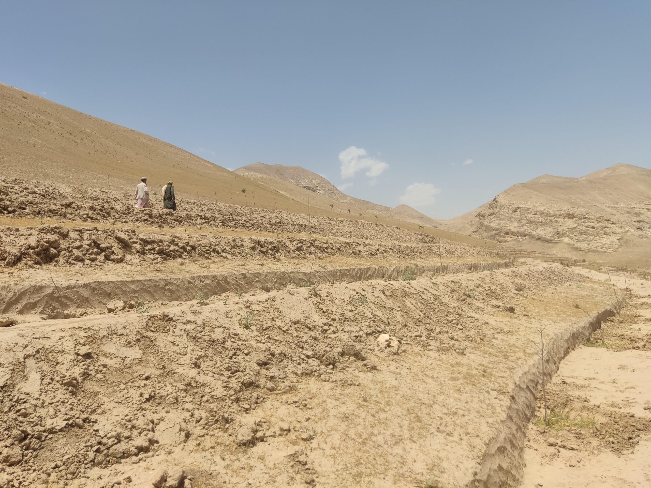 two men walking in dry soil field