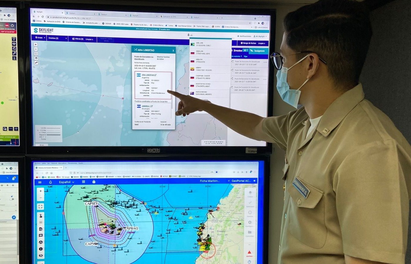 Skylight staff visited the Ecuadorian navy in 2021 to show how the AI and machine learning could support monitoring of illegal activity around the Galapagos Islands