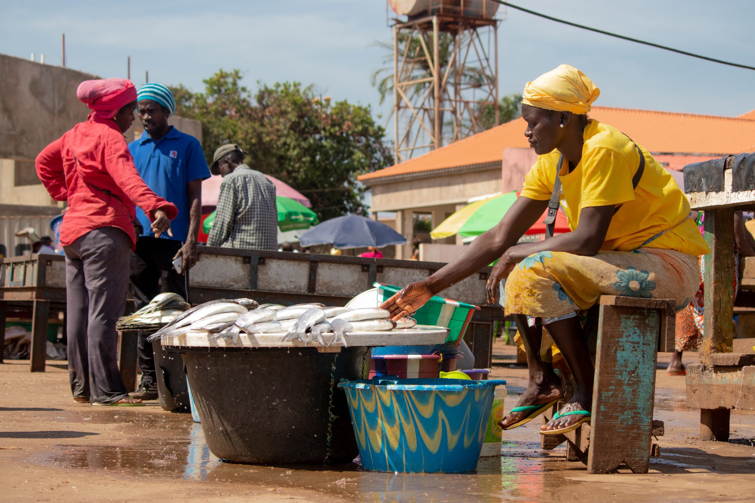 seated woman with tray of fish in open market