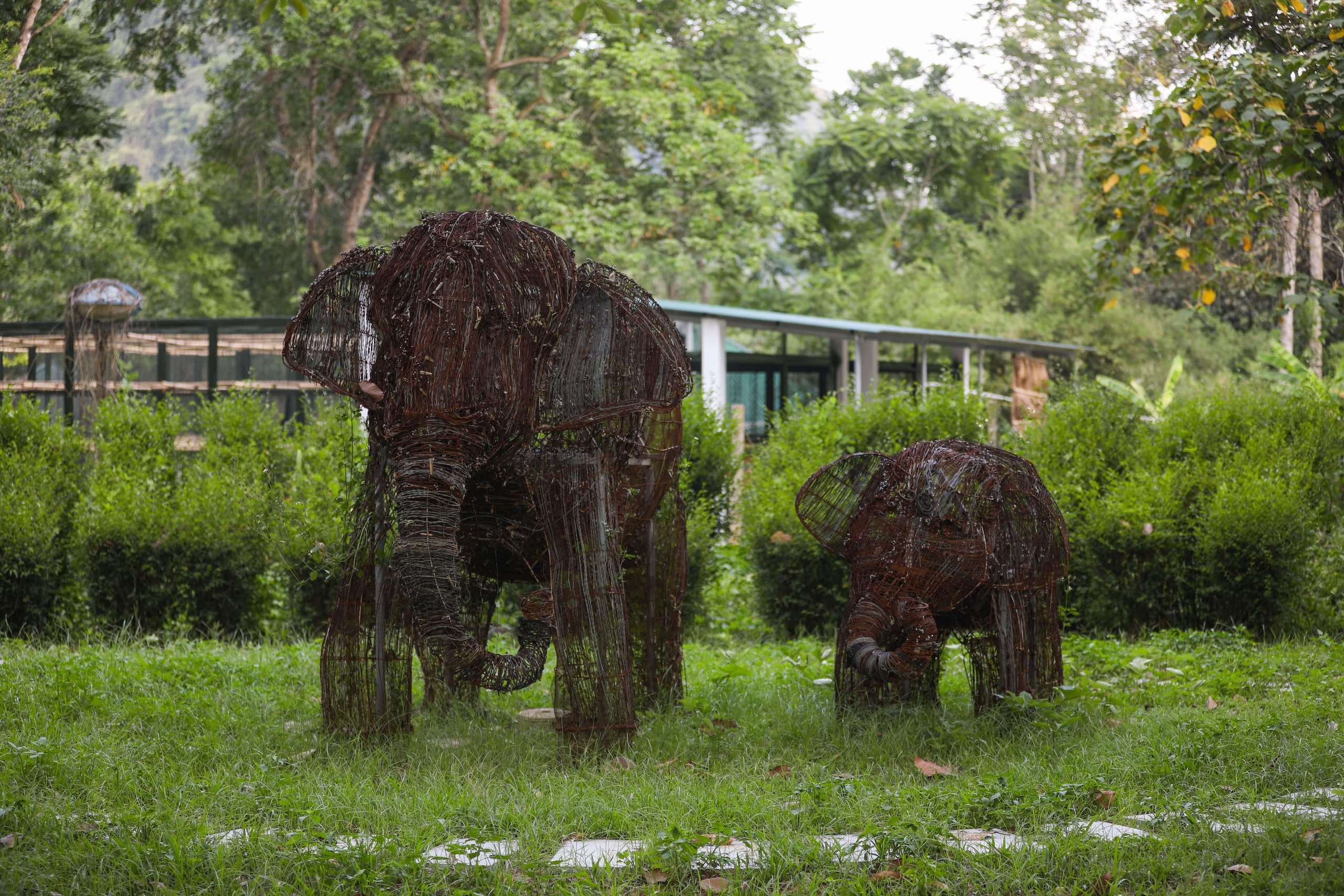 a sculpture of two asian elephants made of wires and metal, grassy background