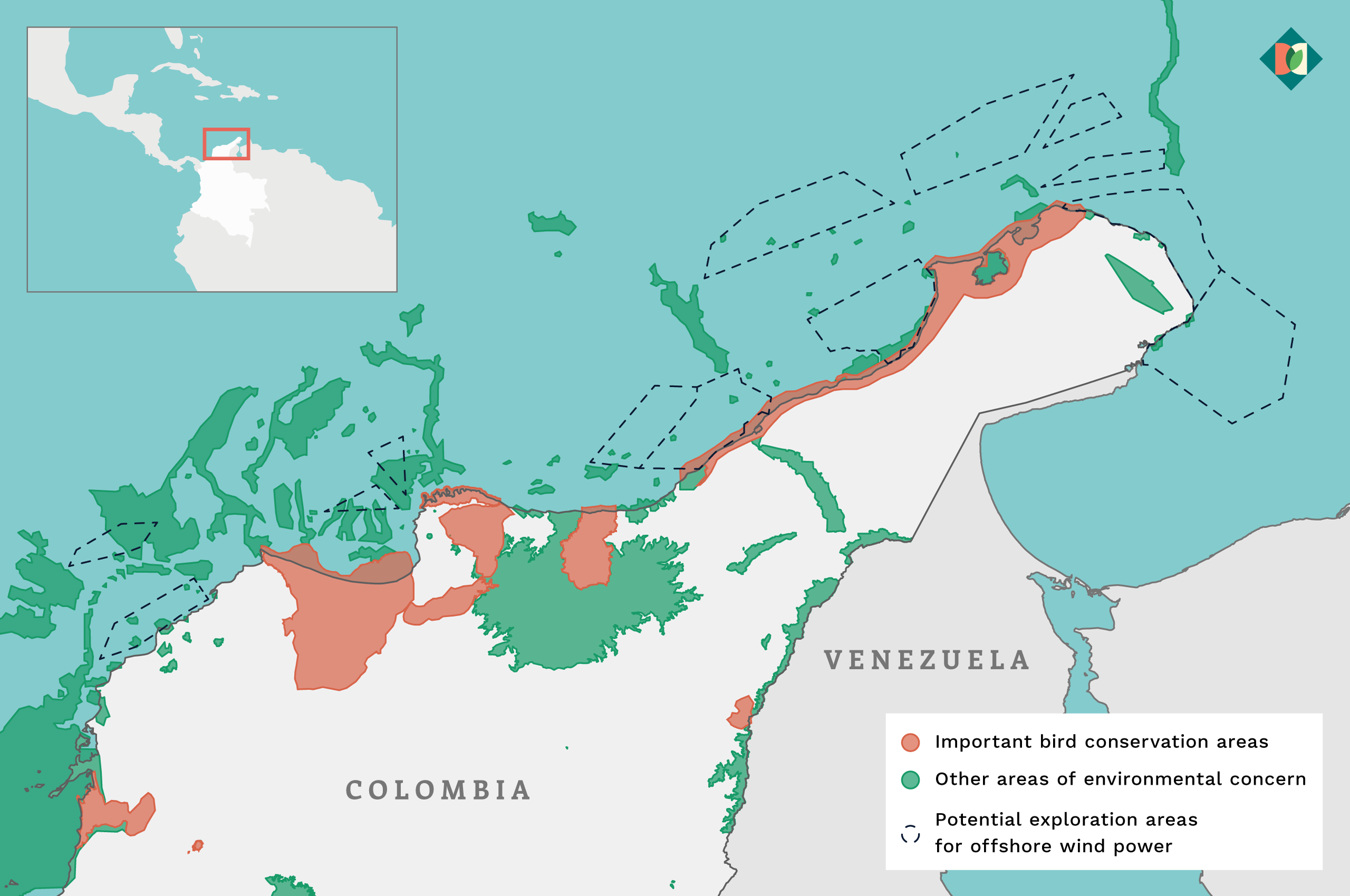 Map of potential exploration areas for offshore wind power in Colombia