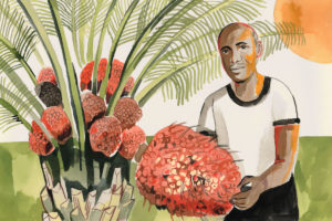 Illustration of an oil palm farmer with his plantation in the background in Sierra Leone