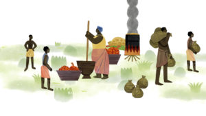 Illustrated scene of woman pounding oil palm fruit and men carrying sacks