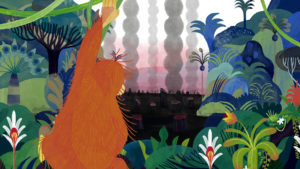 Illustration of orangutan's back watching fires burning in the background, with forest around