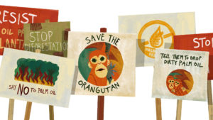 Illustrated scene of protest banners with orangutan and burning forests