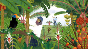 Illustrated scene of farmer with lots of biodiversity around