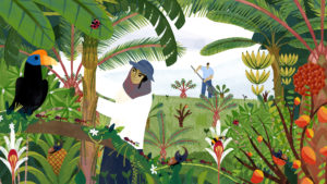 Illustrated scene of farmer with lots of biodiversity around