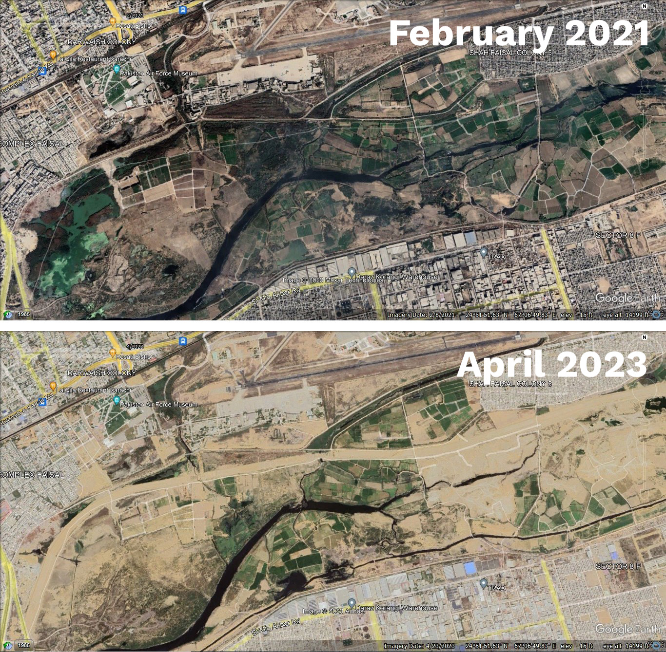 Two satellite photographs of a city, one above dated February 2021, one below dated April 2023