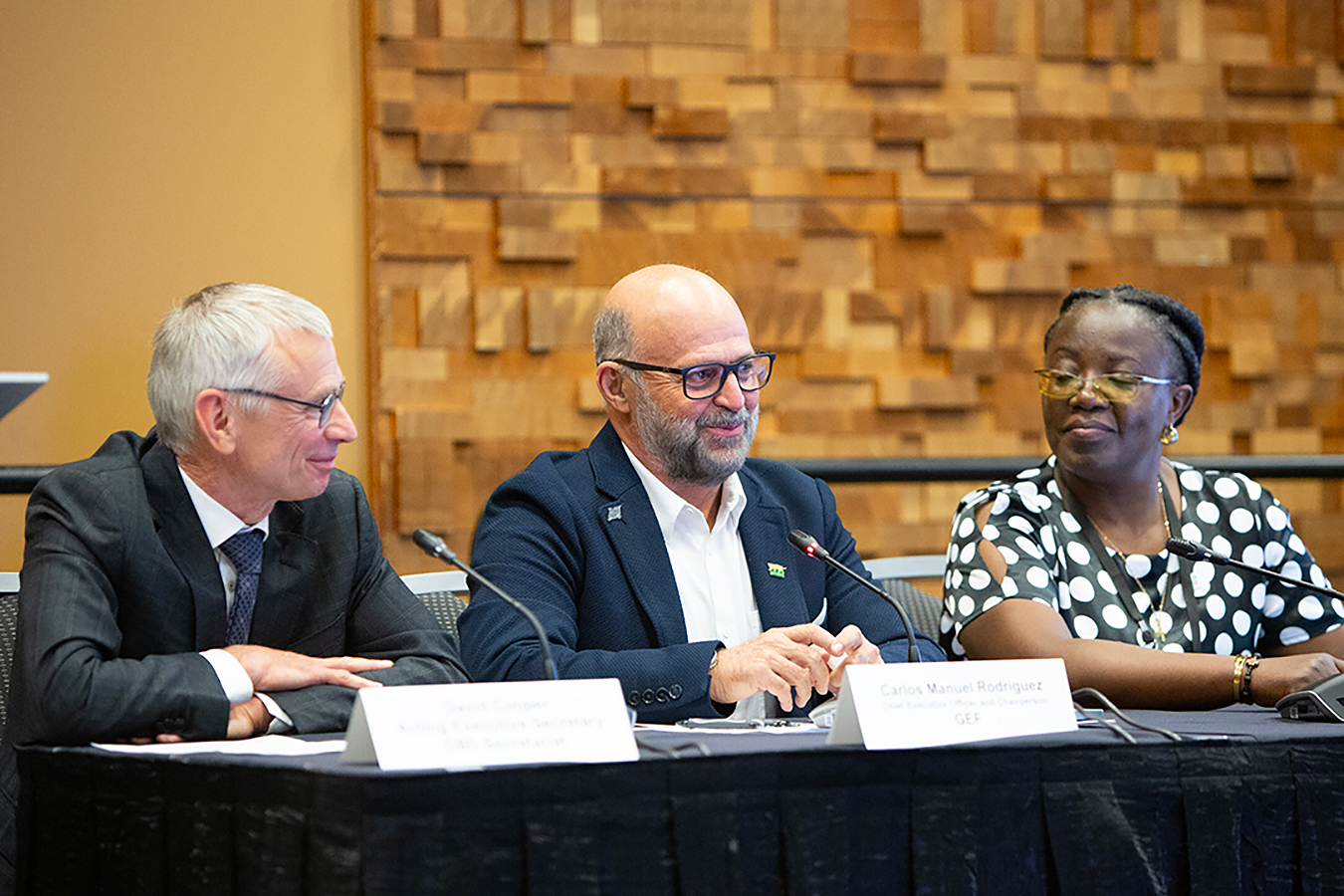 Carlos Manuel Rodríguez, CEO of the Global Environment Facility flanked by a man and woman, all sitting behind microphones