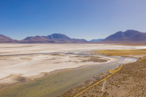 Aerial view of the Pastos Grandes salt flat and lagoon