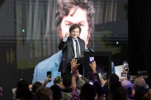 <p>Far-right presidential candidate Javier Milei at a rally in September. The libertarian economist took first place in the August primaries, and will face the ruling party and the traditional right at the polls this Sunday. (Image: Alamy)</p>
