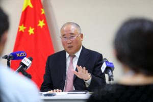 <p>Xie Zhenhua speaks at a press conference while attending COP27 last year. He will lead a beefed-up Chinese delegation this year. (Image: Sui Xiankai / Alamy)</p>