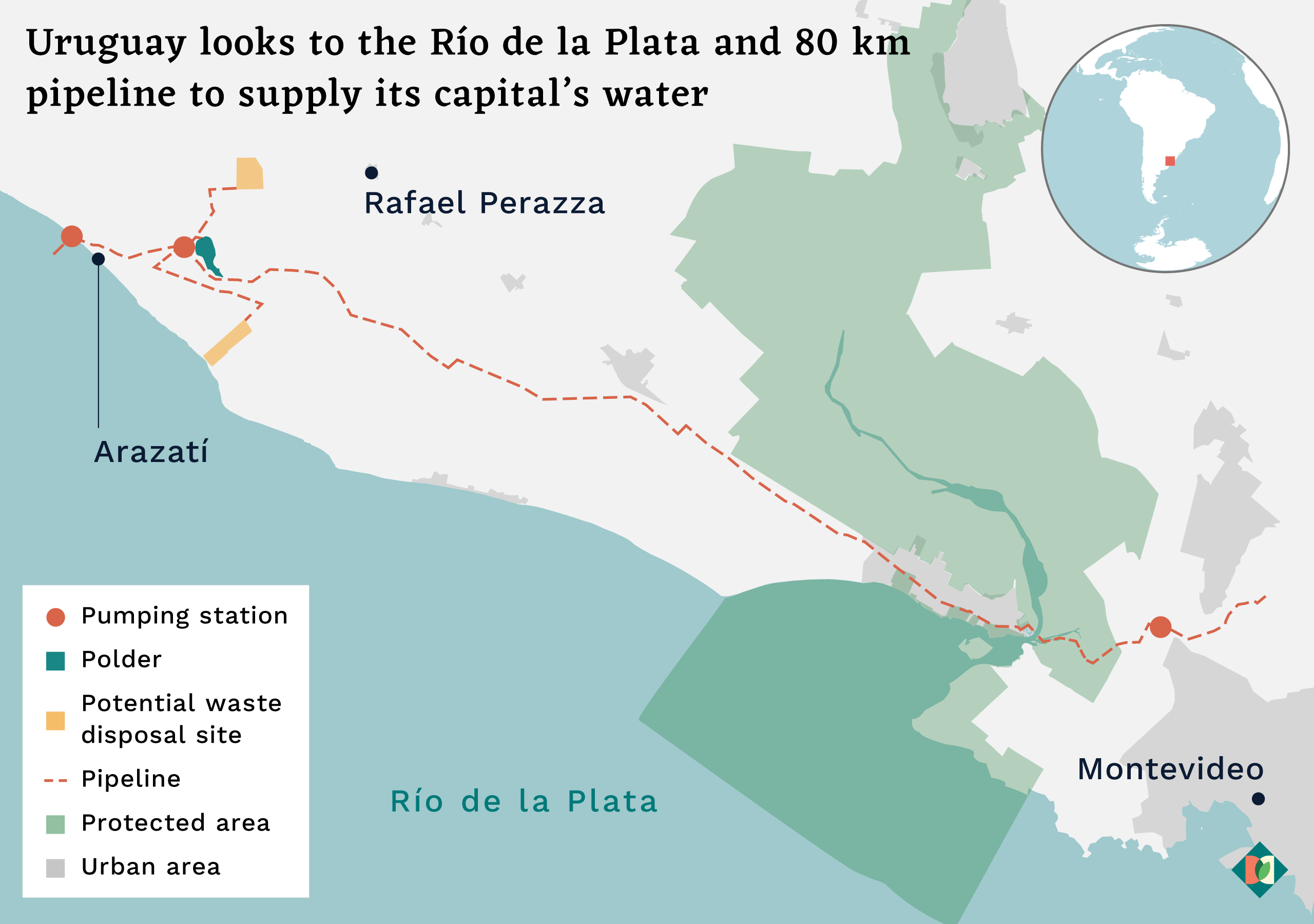 Map of area around Montevideo, showing a dotted red link connecting Azaranti and Montevideo, passing through green shaded areas
