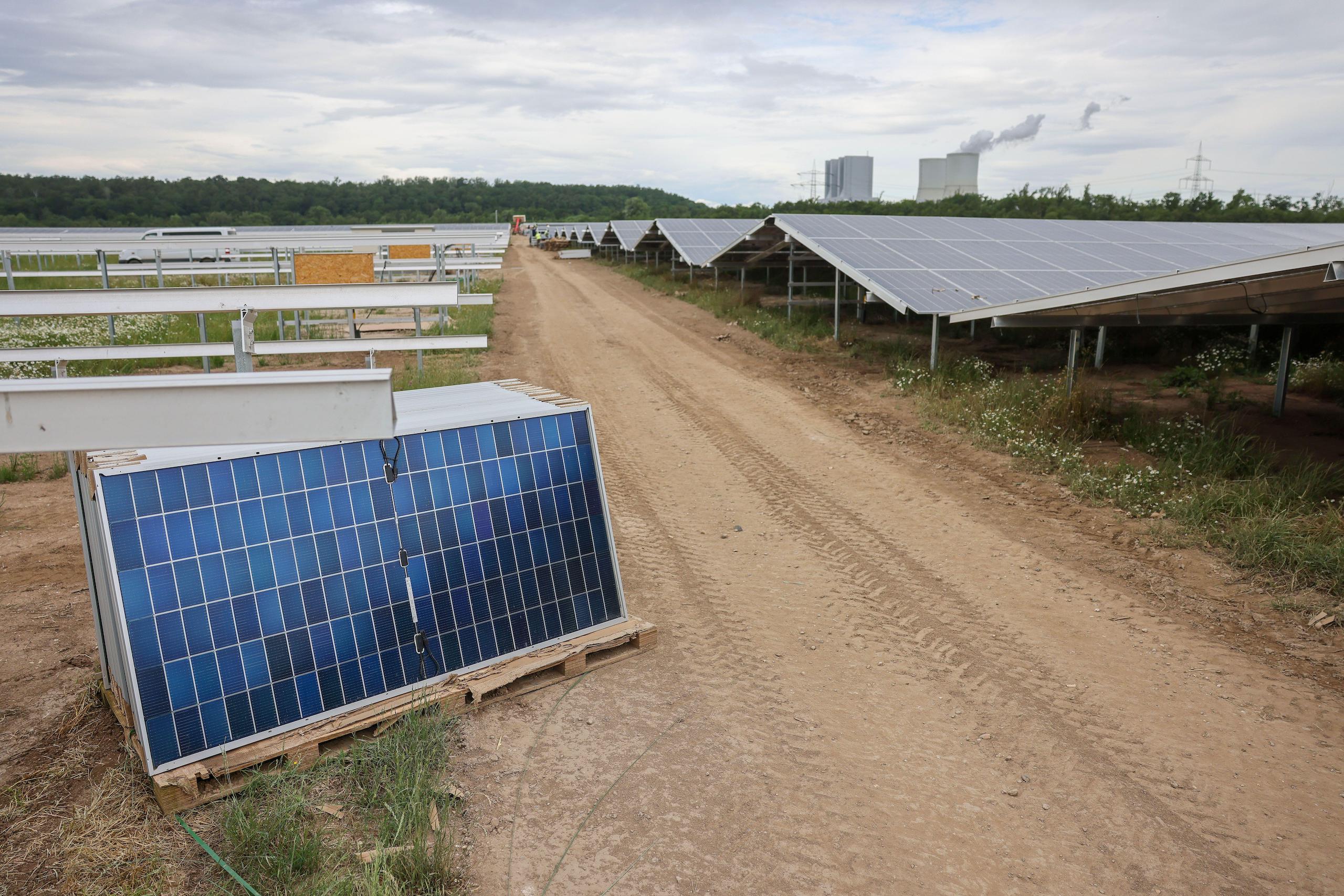 A solar farm in Germany, solar panel leaning