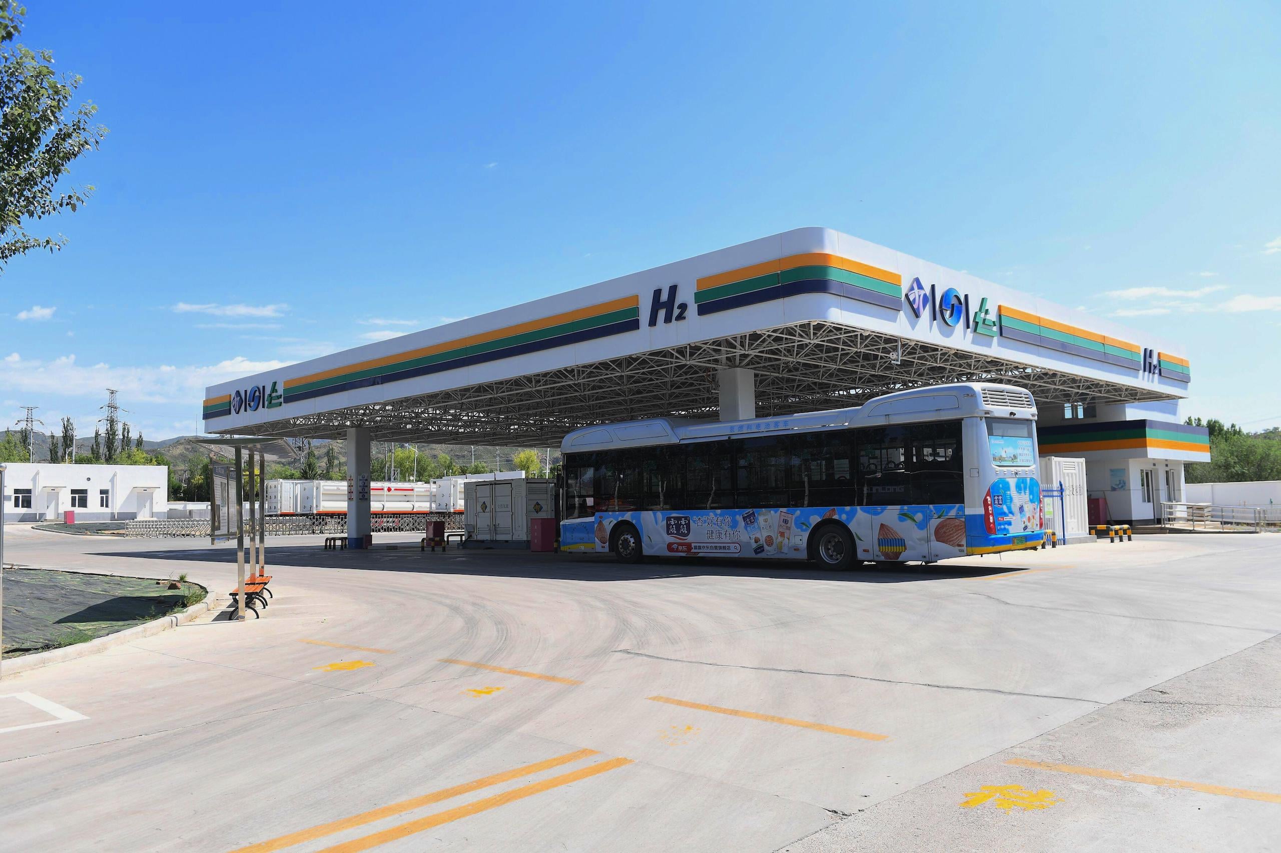 Bus arriving at a petrol station