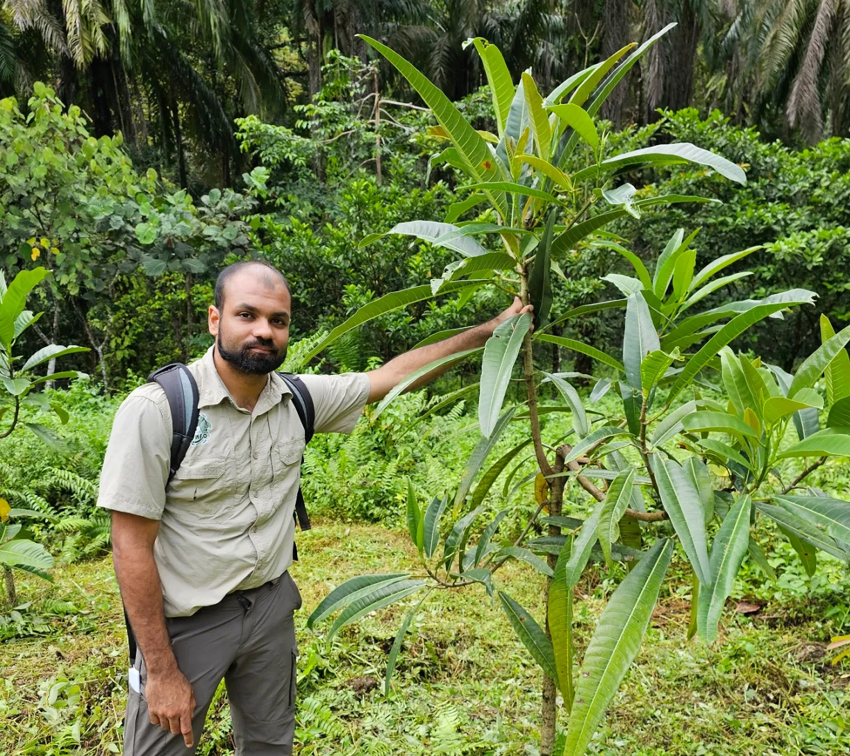 Man stands next to a sapling with lush vegetation around