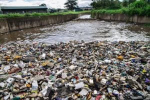 storm water channel choked with plastic waste