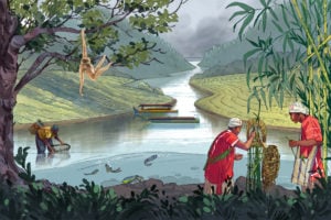 Illustration of river with animals and people carrying out a ceremony
